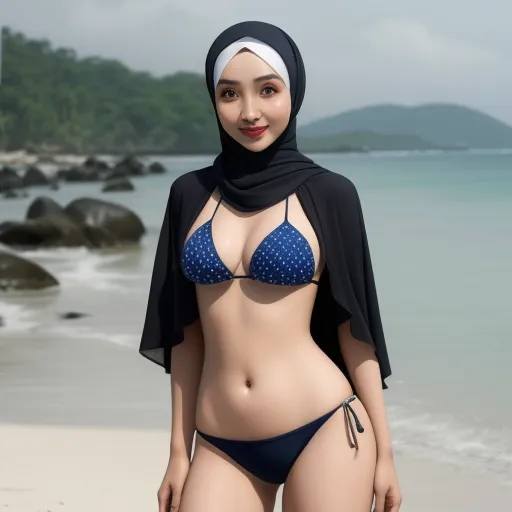 advanced ai image generator - a woman in a bikini standing on a beach next to the ocean with a head scarf on her head, by Hendrik van Steenwijk I