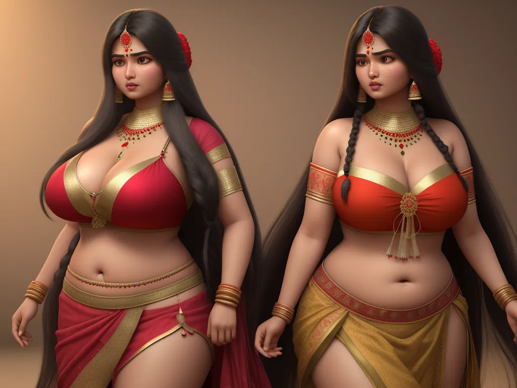 4k hd photo converter - a woman in a red and gold outfit with long hair and a big breast is standing next to a woman in a red and gold outfit, by Raja Ravi Varma