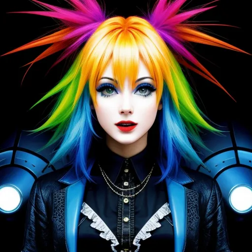 a woman with colorful hair and a black shirt with neon hair and a black shirt with white and blue sleeves, by Patrice Murciano