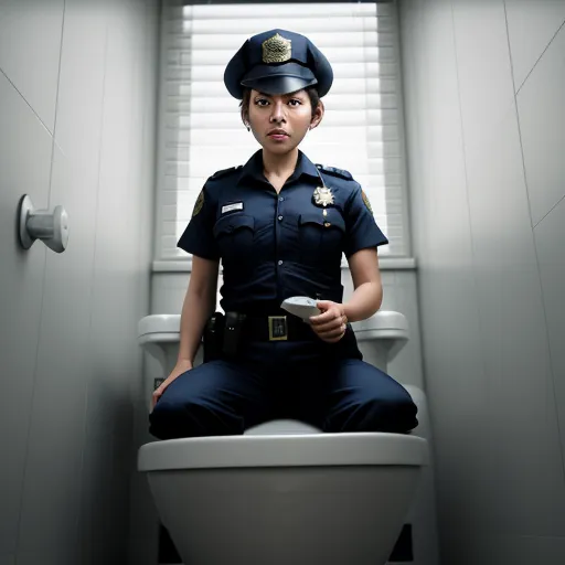 a woman police officer sitting on a toilet bowl in a bathroom stall with a window behind her and a remote control in her hand, by Terada Katsuya
