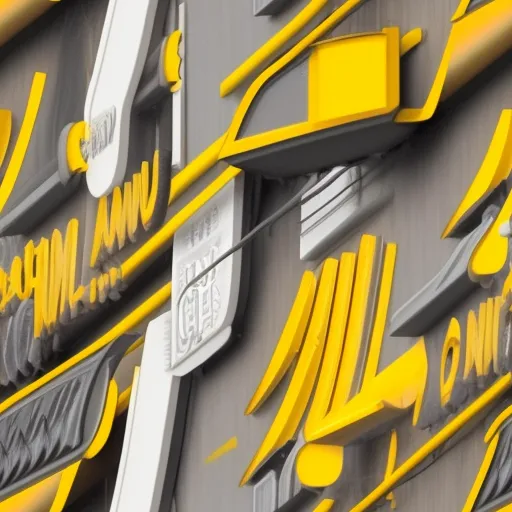 a close up of a building with yellow and gray letters on it's side wall and a clock, by Toei Animations