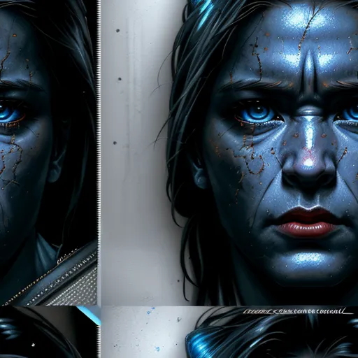 a woman with blue eyes and a blue face with a red spot on her face and a blue spot on her face, by François Quesnel
