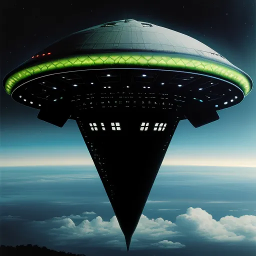 ai image generator dall e - a large alien ship floating over a blue sky filled with clouds and stars in the distance with a green light on top, by Chesley Bonestell