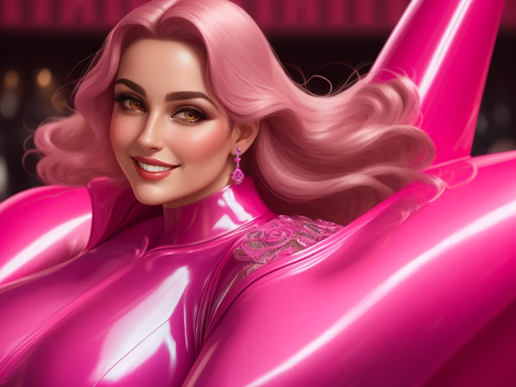 best online ai image generator - a woman in a pink latex suit posing for a picture with her pink hair and eyes closed and a smile on her face, by Lois van Baarle