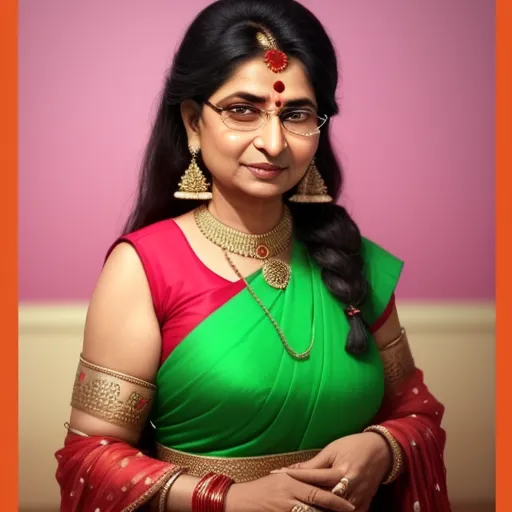best ai text to image generator - a woman in a green and red sari with a red and green blouse on her shoulders and a pink wall behind her, by Raja Ravi Varma