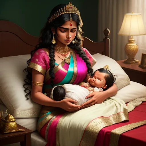 ai photo generator from text - a woman holding a baby in her arms on a bed with a lamp on the side of the bed, by Raja Ravi Varma