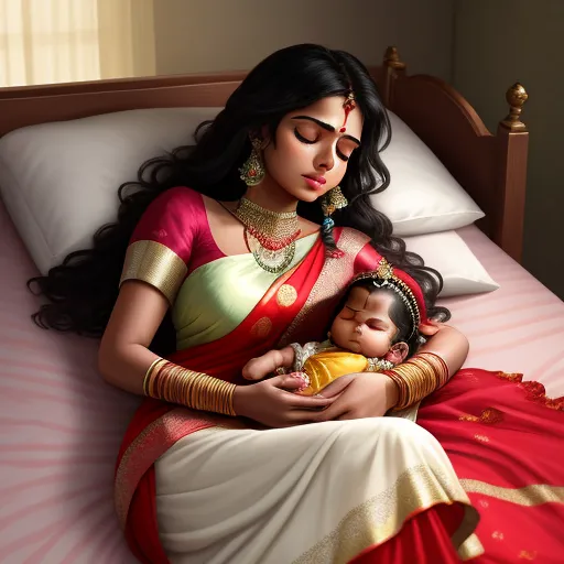 free ai photo - a woman in a red and white sari holding a baby in her lap on a bed with a red and white blanket, by Pixar Concept Artists