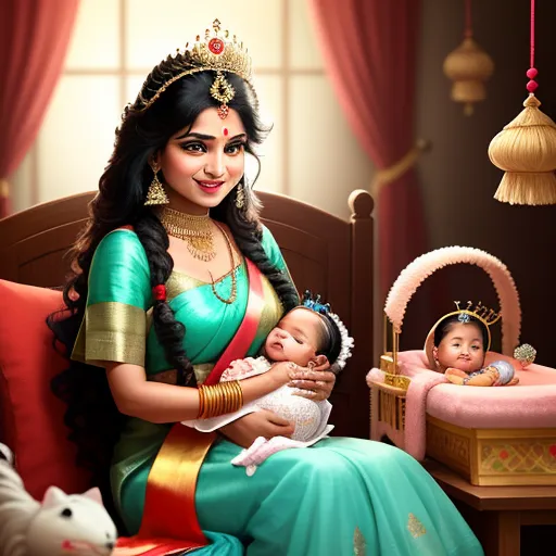 a woman in a green and gold sari holding a baby in a bed room with a dog and a baby in a crib, by Pixar Concept Artists