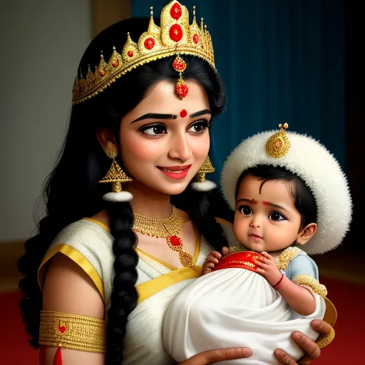 make picture higher resolution - a painting of a woman holding a baby in her arms and wearing a crown on her head and a tiara on her head, by Raja Ravi Varma