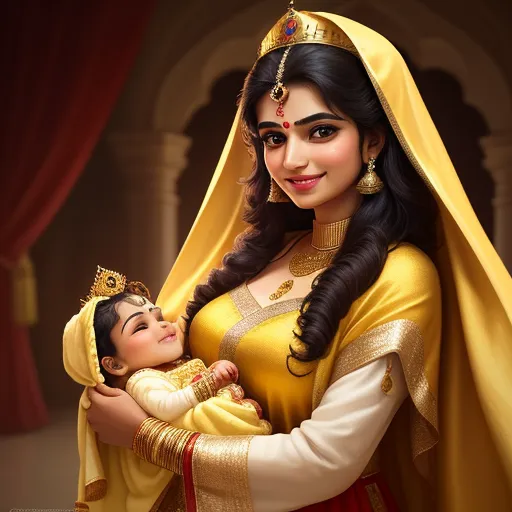 a painting of a woman holding a baby in her arms and wearing a yellow outfit with a gold crown, by Raja Ravi Varma