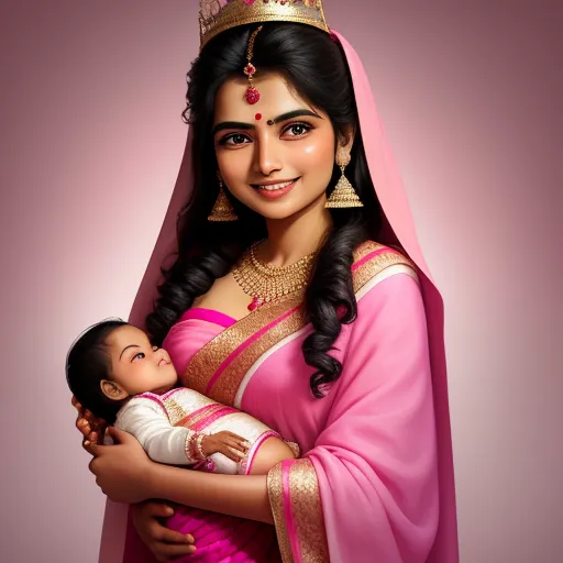 a woman in a pink sari holding a baby in her arms and smiling at the camera with a pink background, by Pixar Concept Artists