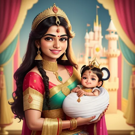 a woman holding a baby in a princess costume with a castle in the background and a pink curtain behind her, by Raja Ravi Varma