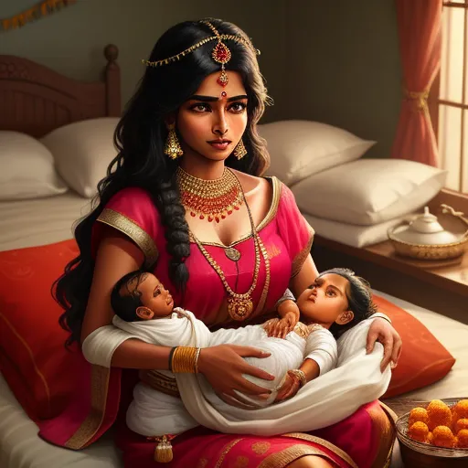 a woman holding a baby in her arms in a bedroom with a bed and a tray of oranges, by Raja Ravi Varma