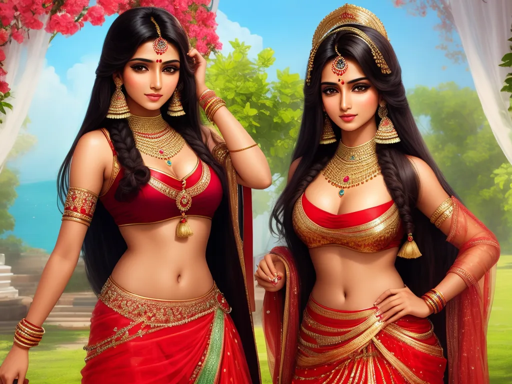 two beautiful women in red and gold outfits posing for a picture together in a park with flowers and trees, by Raja Ravi Varma