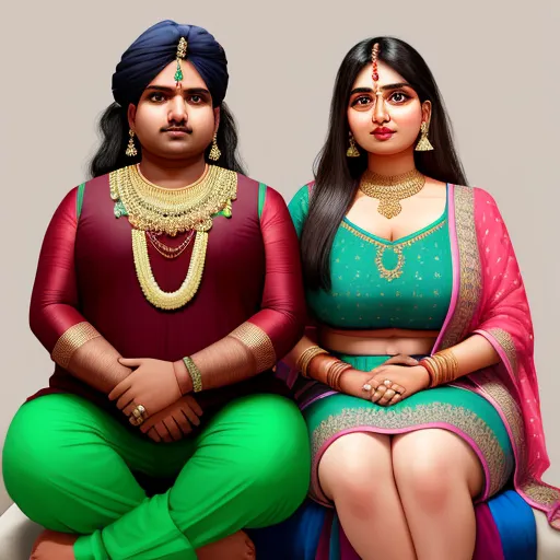 convert photo to 4k online - two women in indian clothing sitting next to each other on a couch with a gray background and a gray background, by Botero