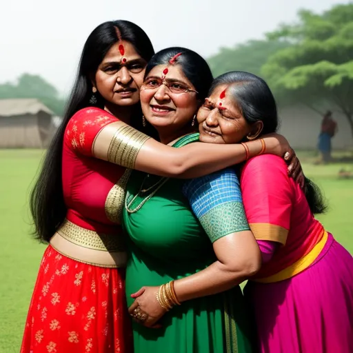 three women hugging each other in a field of grass and trees in the background, with a house in the distance, by Alec Soth