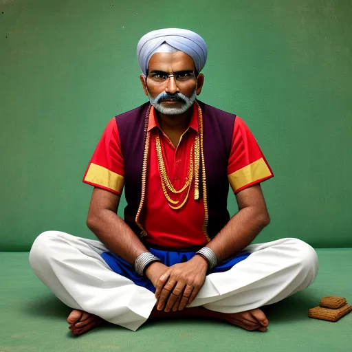 generate picture from text - a man sitting on the ground with a mustache and a turban on his head and a cookie in front of him, by Alec Soth