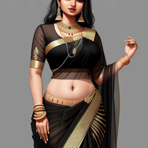 a woman in a black and gold sari with a gold necklace and earrings on her head and a black sari with gold trim, by Raja Ravi Varma