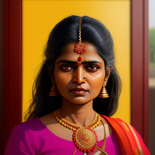 how to fix low resolution photos - a woman with a necklace and a necklace on her neck and a red scarf around her neck and a yellow wall behind her, by Raja Ravi Varma