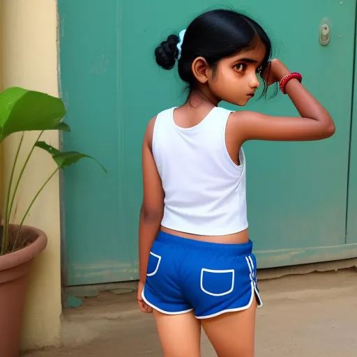 a little girl in a white top and blue shorts standing in front of a door with her hand on her head, by Sailor Moon