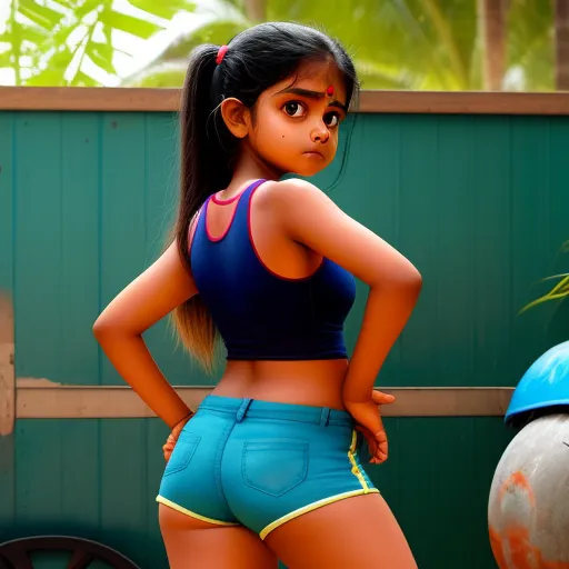 best photo ai enhancer - a cartoon girl in a blue top and blue shorts standing in front of a green wall and a blue wheel, by Pixar Concept Artists