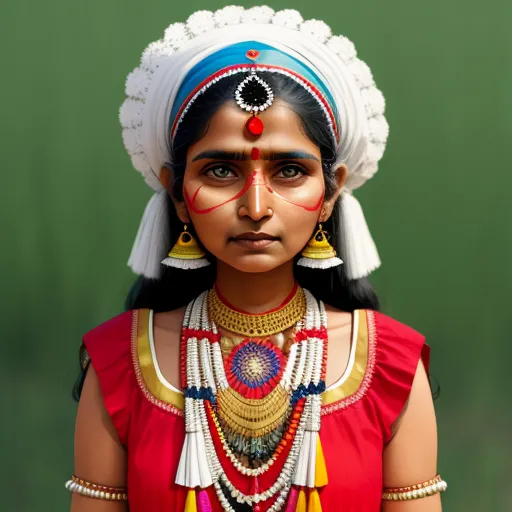 4k converter photo - a woman with a head piece and a necklace on her head and a green background with a green wall, by Raja Ravi Varma