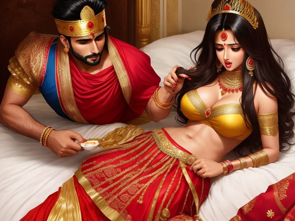 turn photo to 4k - a man and woman in indian garb on a bed with a plate of food in their hands and a plate in their hand, by Raja Ravi Varma