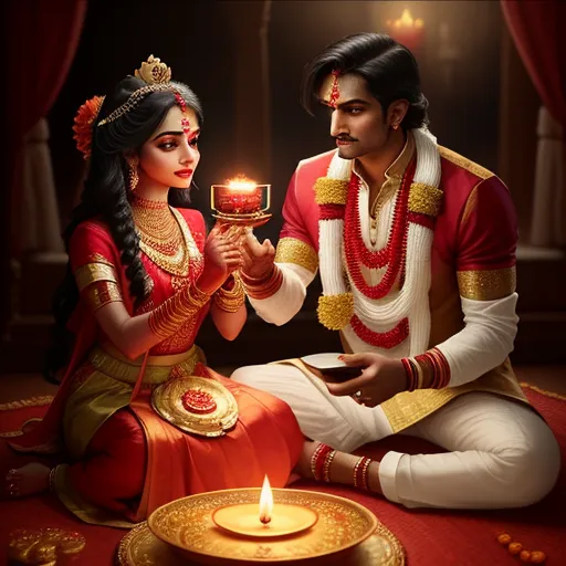 a man and woman dressed in indian garb holding a lit candle in their hands while sitting on a red carpet, by Raja Ravi Varma