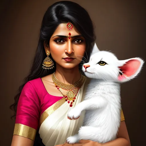 a woman holding a white cat in her arms and wearing a necklace and a necklace on her neck and a pink blouse, by Daniela Uhlig