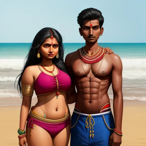 a man and a woman standing on a beach next to the ocean with a body of water in the background, by Raja Ravi Varma