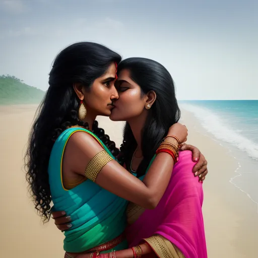 convert image to hd - two women embracing each other on a beach near the ocean and the ocean shore, with a blue sky in the background, by Raja Ravi Varma
