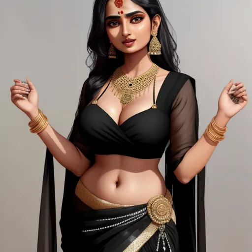 a woman in a black and gold outfit with a necklace and earrings on her head and a black shawl, by Raja Ravi Varma