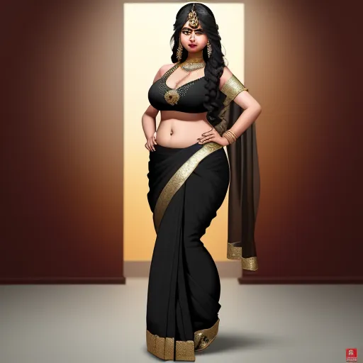 a woman in a black sari with gold accents on her belly and a black blouse on her shoulders, by Raja Ravi Varma