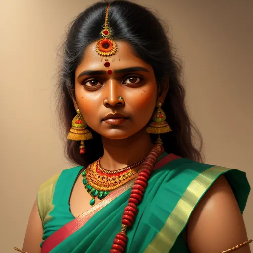 a woman with a green sari and red necklace and earrings on her neck and chest, with a brown background, by Raja Ravi Varma