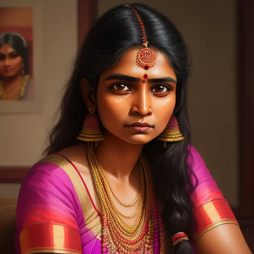 ai that generates images - a woman in a pink and gold sari with a necklace and earrings on her head and a portrait of a woman in the background, by Raja Ravi Varma