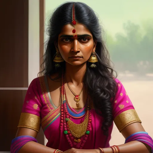 increase resolution of photo - a painting of a woman in a pink sari with a gold necklace and matching necklaces on her neck, by Raja Ravi Varma