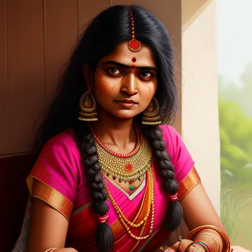 ai image generator names - a woman in a pink sari sitting down with a basket of food in her hand and a painting of a woman in a pink sari, by Raja Ravi Varma