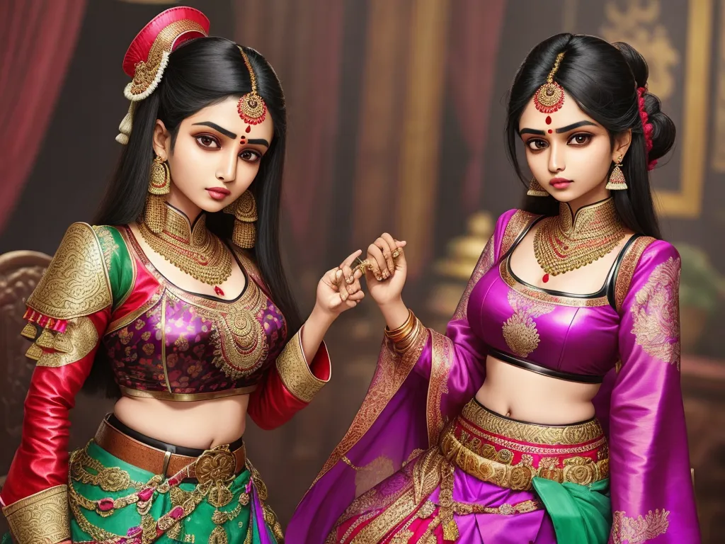 animated image ai - two women dressed in indian clothing posing for a picture together in a photo studio, one of them is wearing a purple and green sari, by Hirohiko Araki