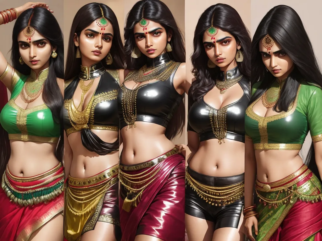 image generator from text - a group of women in different colored outfits posing for a picture together in a row with their hands on their hips, by Raja Ravi Varma