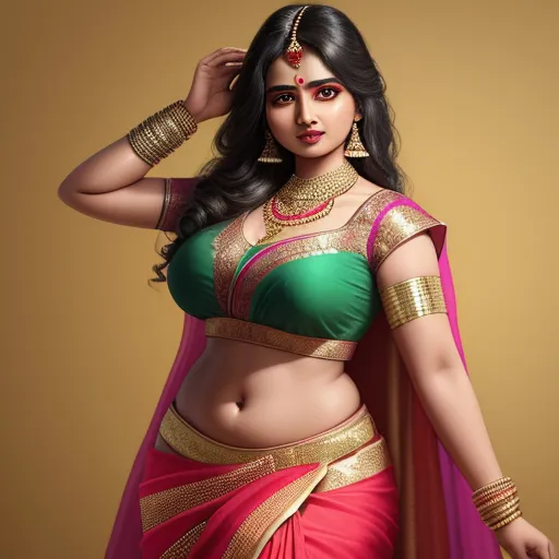ai text to image generator - a woman in a green and pink sari with a gold necklace and matching jewelry on her neck and chest, by Raja Ravi Varma