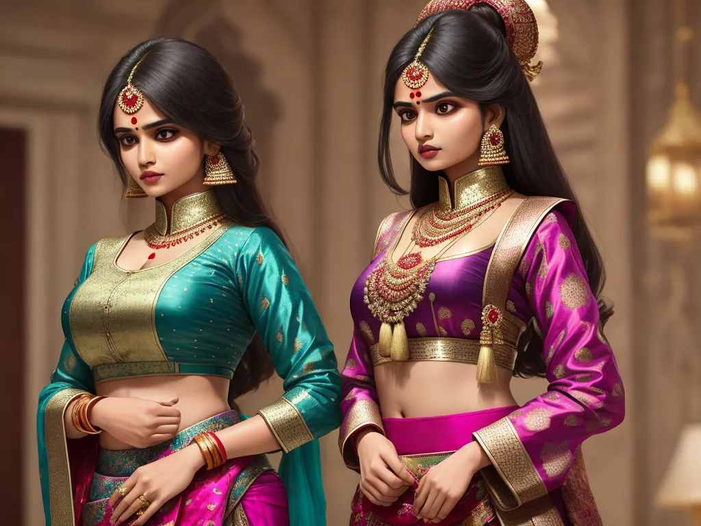 make photos hd free - two women in indian clothing standing next to each other in a room with a lamp on the side of the wall, by Raja Ravi Varma