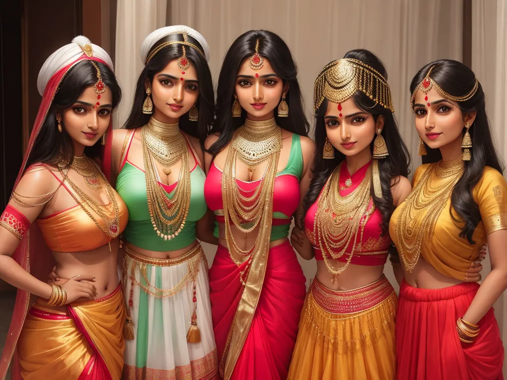 a group of women dressed in indian attire posing for a picture together in a photo studio with a curtain in the background, by Raja Ravi Varma