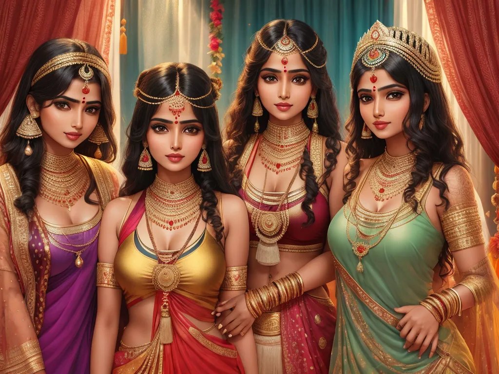 three beautiful women dressed in indian clothing posing for a picture together in a painting style, with a backdrop of red and gold, by Raja Ravi Varma