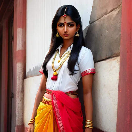 a woman in a colorful sari standing against a wall with a necklace on her neck and a necklace on her neck, by Johannes Vermeer