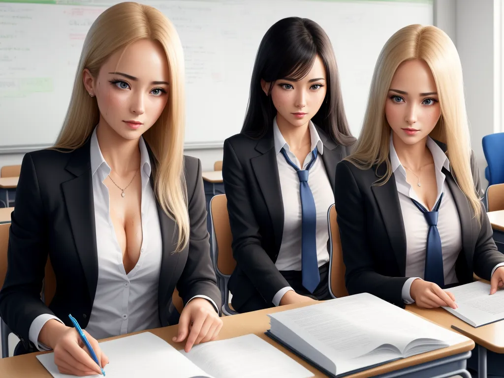 ai image generator dall e - three women in business attire sitting at desks with books and papers in front of them, one of them is writing, by Terada Katsuya