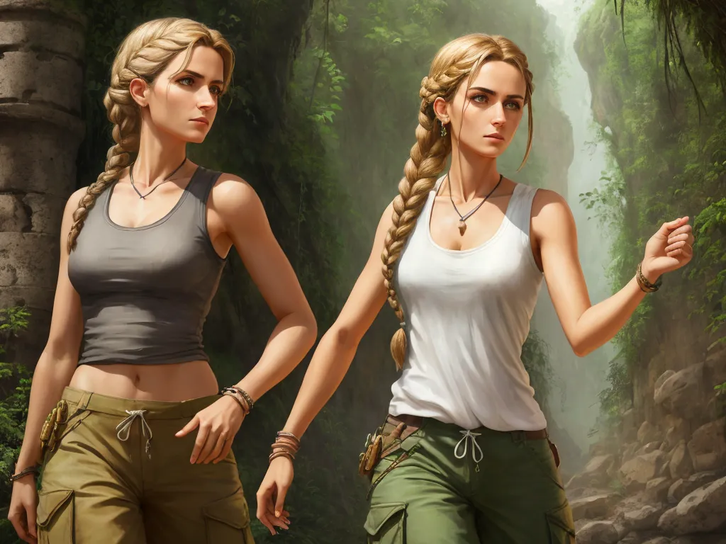 two women in a jungle with a waterfall in the background and a waterfall in the background, both of them wearing tank tops, by Daniela Uhlig