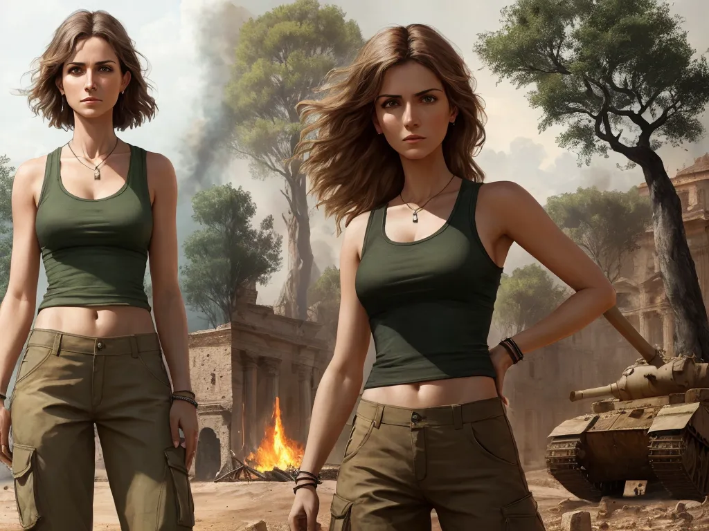 4k photos converter - two women in army clothing standing next to a tank in a desert area with a fire in the background, by Edmond Xavier Kapp