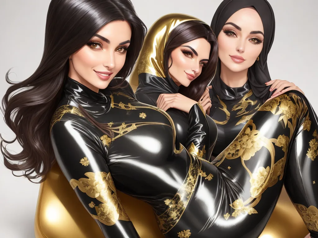 two women in shiny black and gold bodysuits posing for a picture together with their arms around each other, by Jeff Simpson