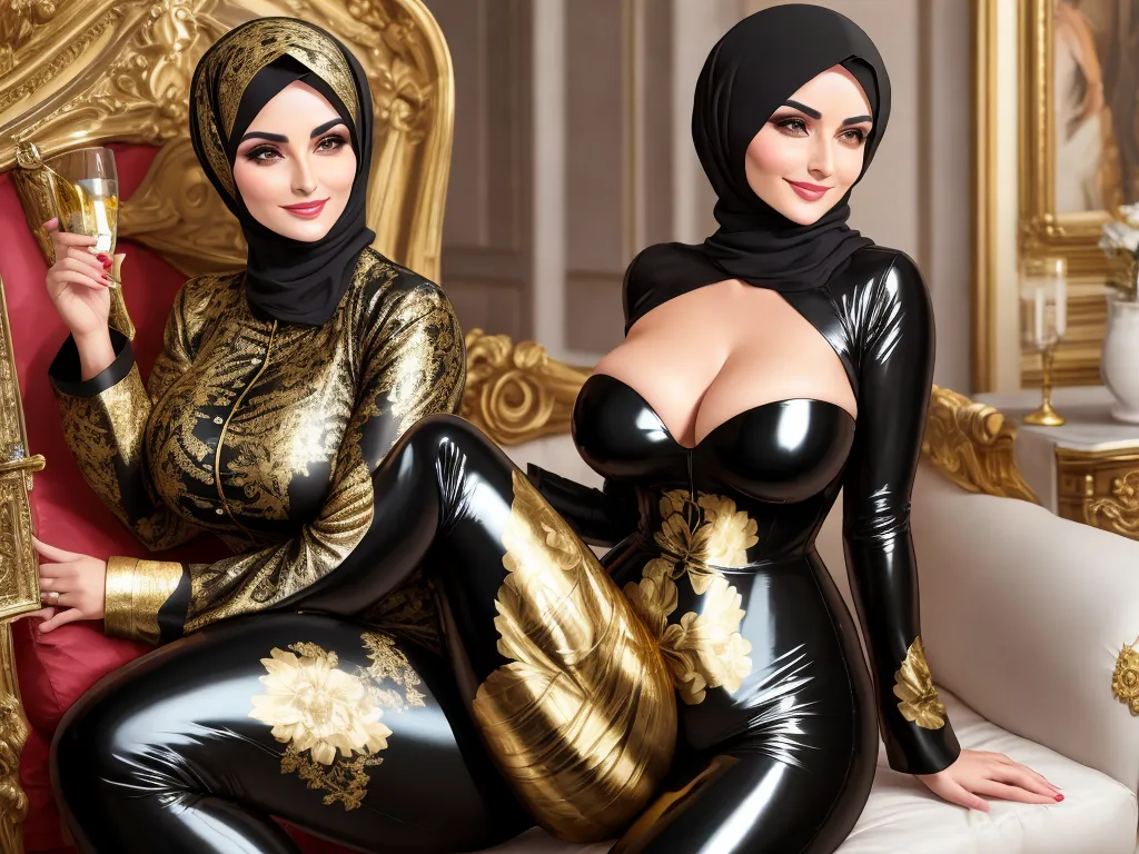 word to image generator ai - a woman in a black and gold outfit sitting on a couch next to a woman in a gold outfit, by Hendrik van Steenwijk I
