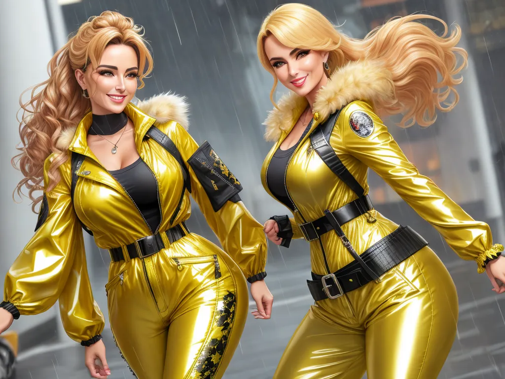 ultra high resolution images free - two women dressed in shiny gold outfits in the rain, one in a fur collared top and the other in a shiny gold suit, by Sailor Moon